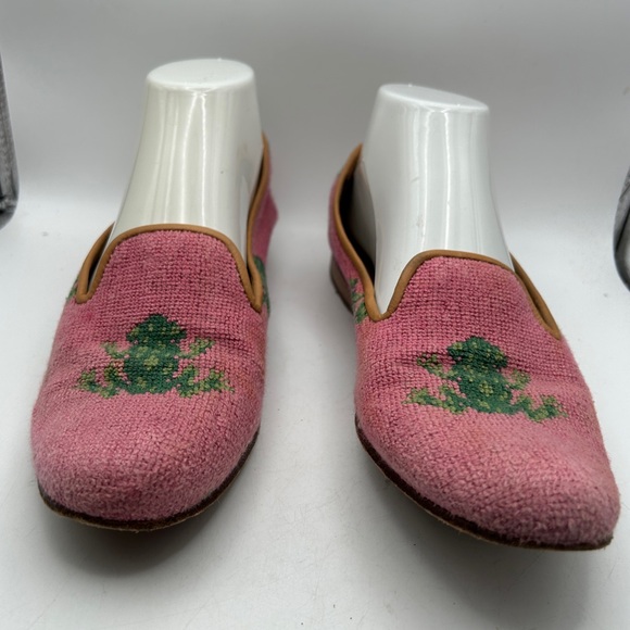 Stubbs & Wootton Pink Green Frog Needlepoint Loafer ballet Flat Shoes 9 Womens - Picture 2 of 15